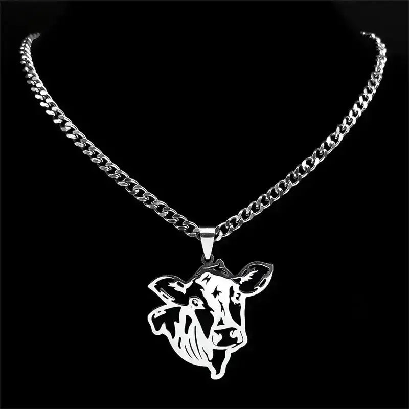 Cute Cow Head Stainless Steel Silver Necklace Chain for Women or Men