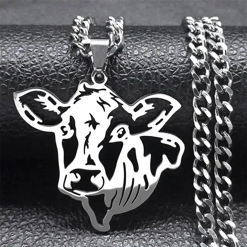 Cute Cow Head Stainless Steel Silver Necklace Chain for Women or Men
