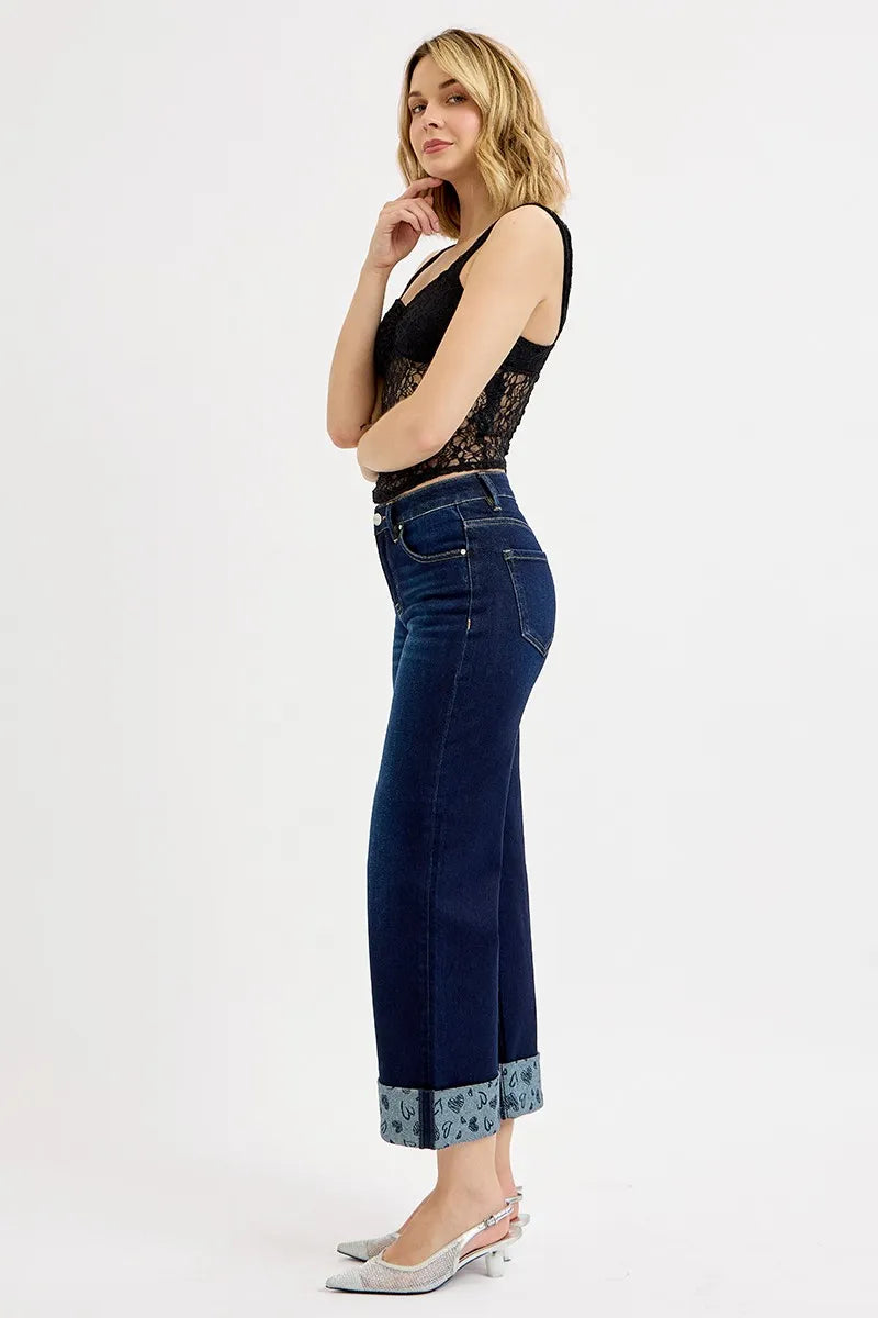 RISEN Mid Rise Fit Crop Wide With Printed Cuff Jeans