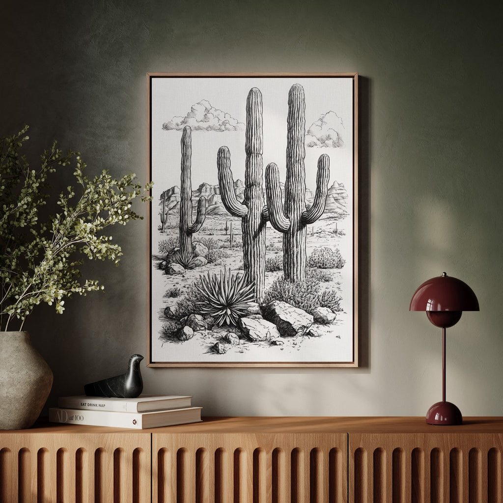 Desert Cactus Line Drawing – Southwestern Saguaro Wall Art - Quarter Circle AK Boutique