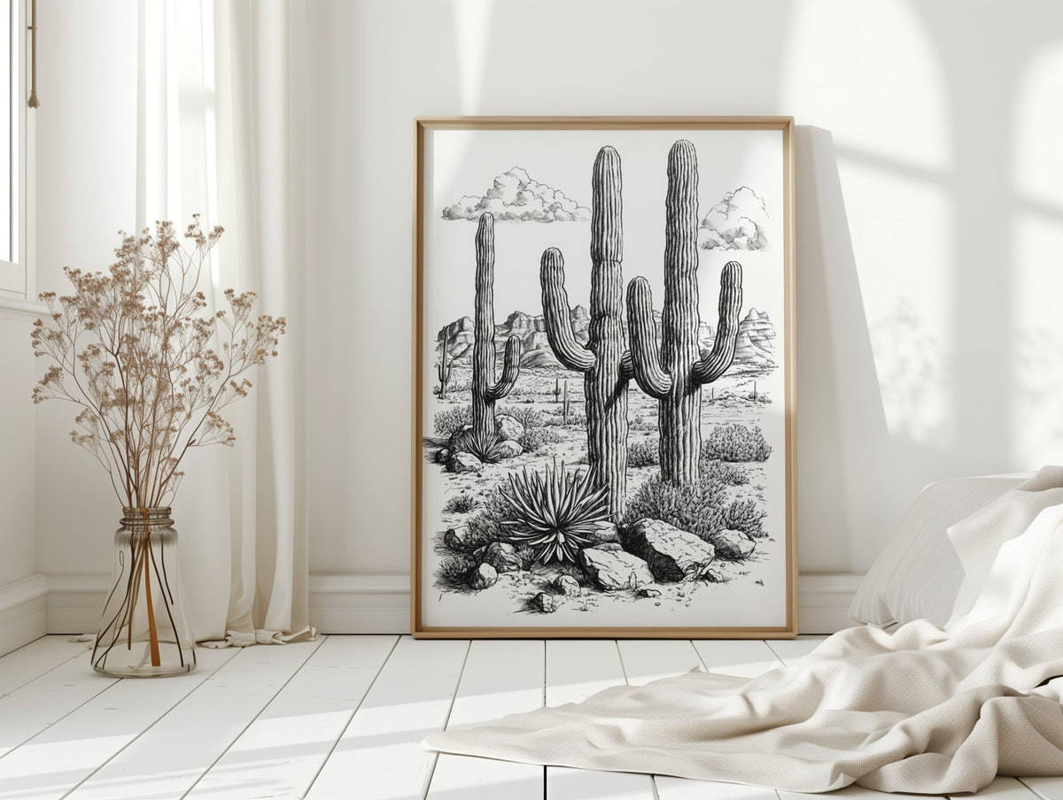 Desert Cactus Line Drawing – Southwestern Saguaro Wall Art - Quarter Circle AK Boutique
