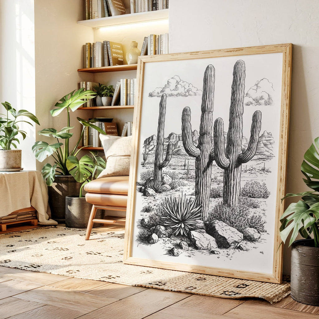 Desert Cactus Line Drawing – Southwestern Saguaro Wall Art - Quarter Circle AK Boutique