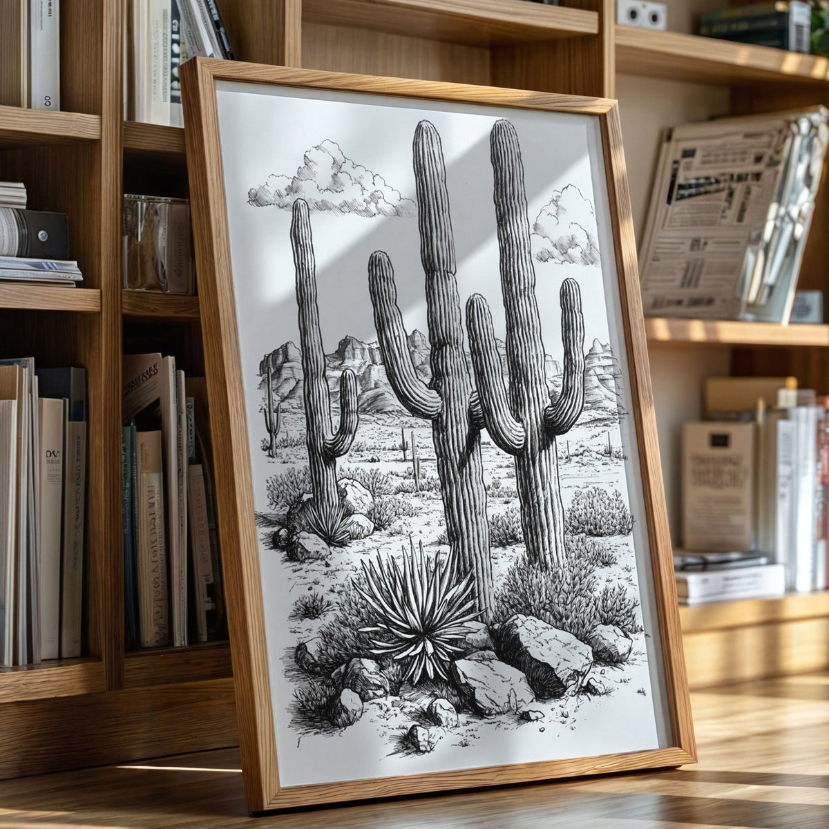 Desert Cactus Line Drawing – Southwestern Saguaro Wall Art - Quarter Circle AK Boutique