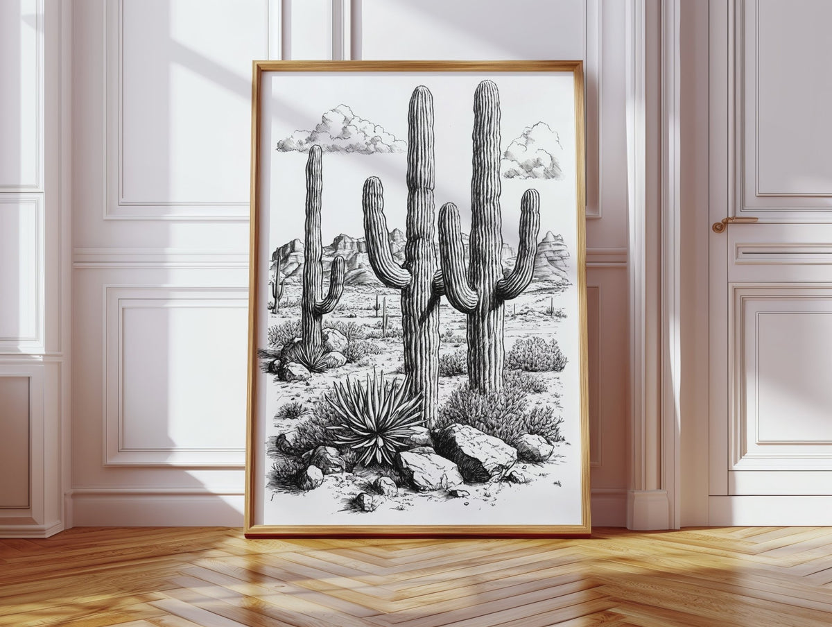 Desert Cactus Line Drawing – Southwestern Saguaro Wall Art - Quarter Circle AK Boutique