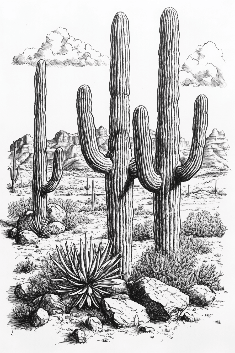 Desert Cactus Line Drawing – Southwestern Saguaro Wall Art - Quarter Circle AK Boutique