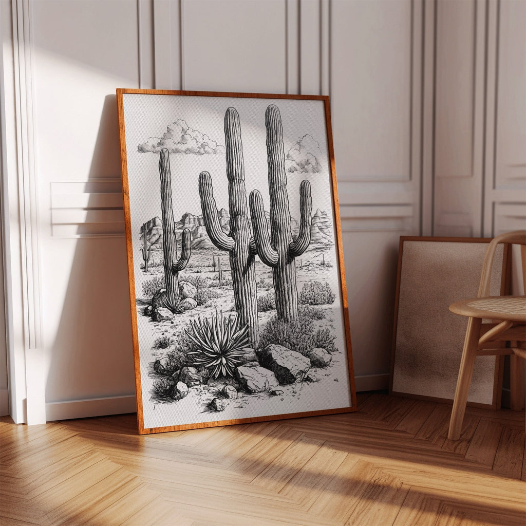 Desert Cactus Line Drawing – Southwestern Saguaro Wall Art - Quarter Circle AK Boutique