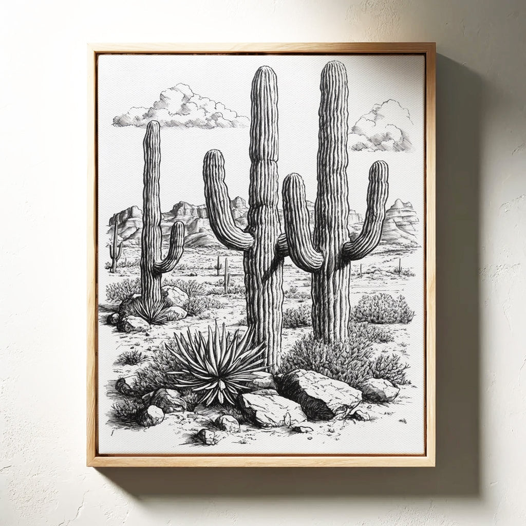 Desert Cactus Line Drawing – Southwestern Saguaro Wall Art - Quarter Circle AK Boutique