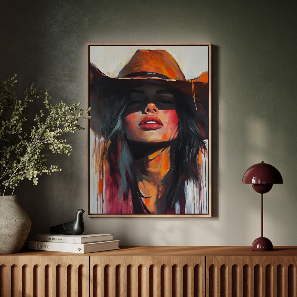 Desert Flame Cowgirl Canvas – Bold Western Woman Wall Art - Quarter Circle AK Boutique