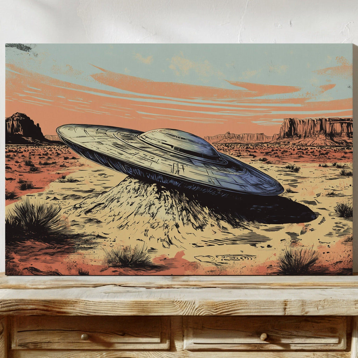 Desert Landing: UFO Shadows and Distant Skies - Quarter Circle AK Boutique