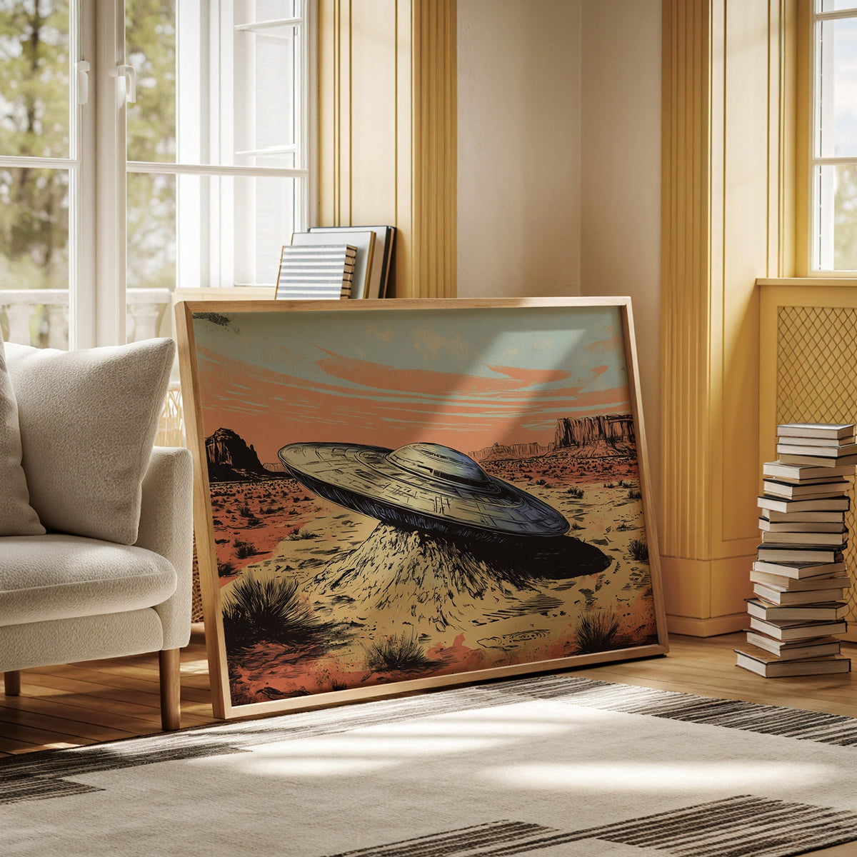 Desert Landing: UFO Shadows and Distant Skies - Quarter Circle AK Boutique