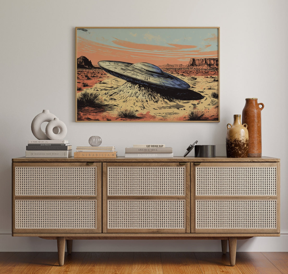 Desert Landing: UFO Shadows and Distant Skies - Quarter Circle AK Boutique