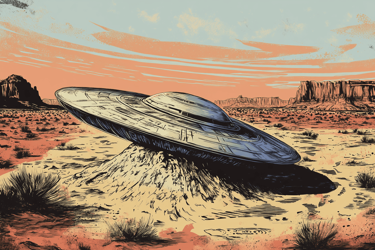 Desert Landing: UFO Shadows and Distant Skies - Quarter Circle AK Boutique