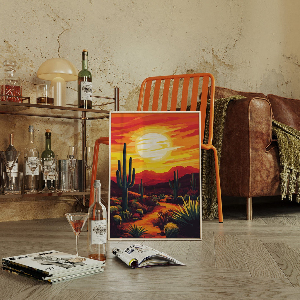 Desert Sunset Cactus Print – Vibrant Southwestern Wall Art - Quarter Circle AK Boutique