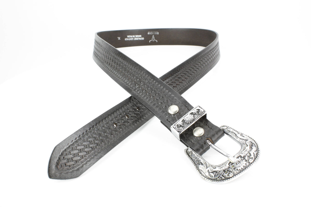 Black Leather Basket Weave Belt-Branding Iron Western Wear