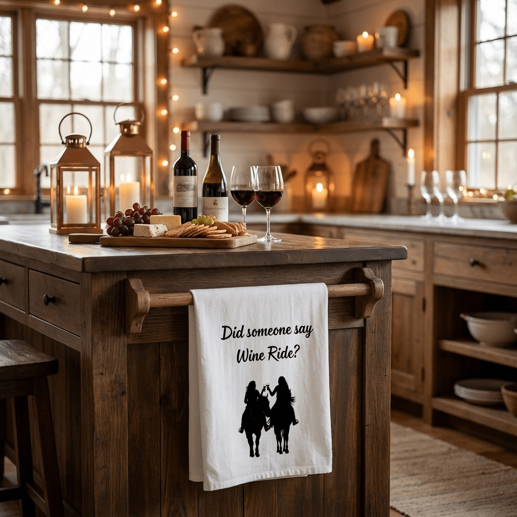 "Did someone say Wine Ride?" Cowgirl Wine Ride Tea/Bar Towels, Western Kitchen Decor, Retro Cowgirl Design, Farmhouse Towels, Kitchen Towels with Wine Theme, Vintage Tea - Quarter Circle AK Boutique