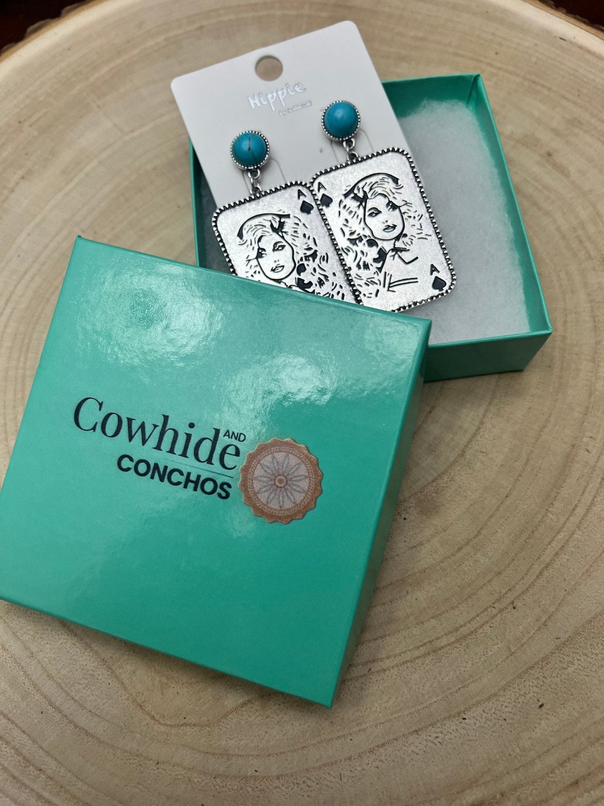 Dolly Card Theme Western Dangle Earrings with Faux Turquoise Stone — 2½" Drop