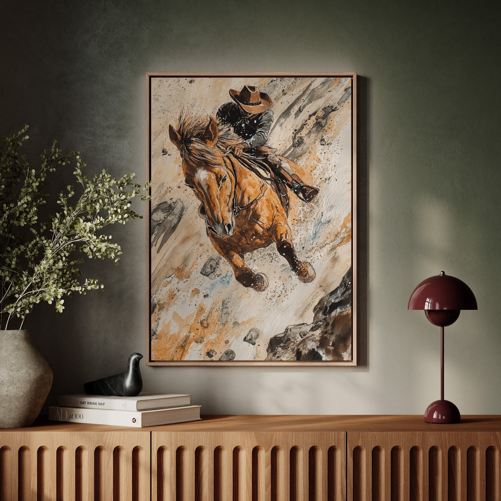 Downhill Cowboy Canvas – Western Action Horseback Painting - Quarter Circle AK Boutique