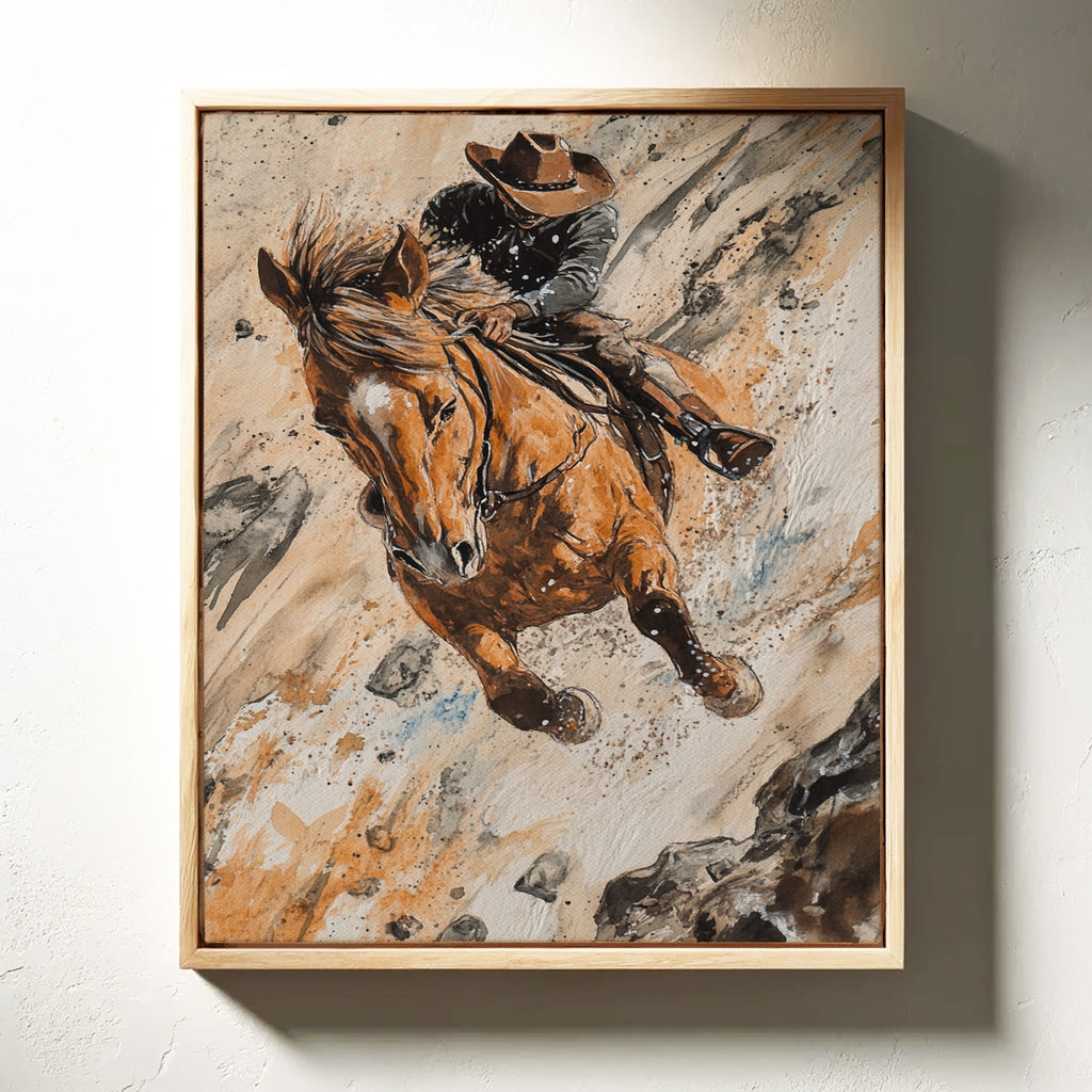 Downhill Cowboy Canvas – Western Action Horseback Painting - Quarter Circle AK Boutique