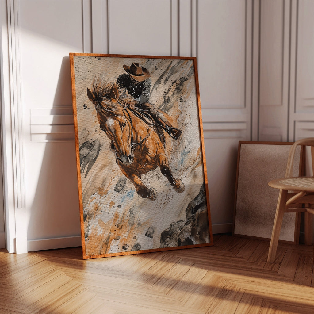 Downhill Cowboy Canvas – Western Action Horseback Painting - Quarter Circle AK Boutique