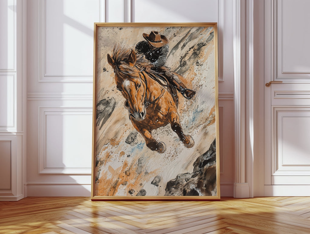 Downhill Cowboy Canvas – Western Action Horseback Painting - Quarter Circle AK Boutique