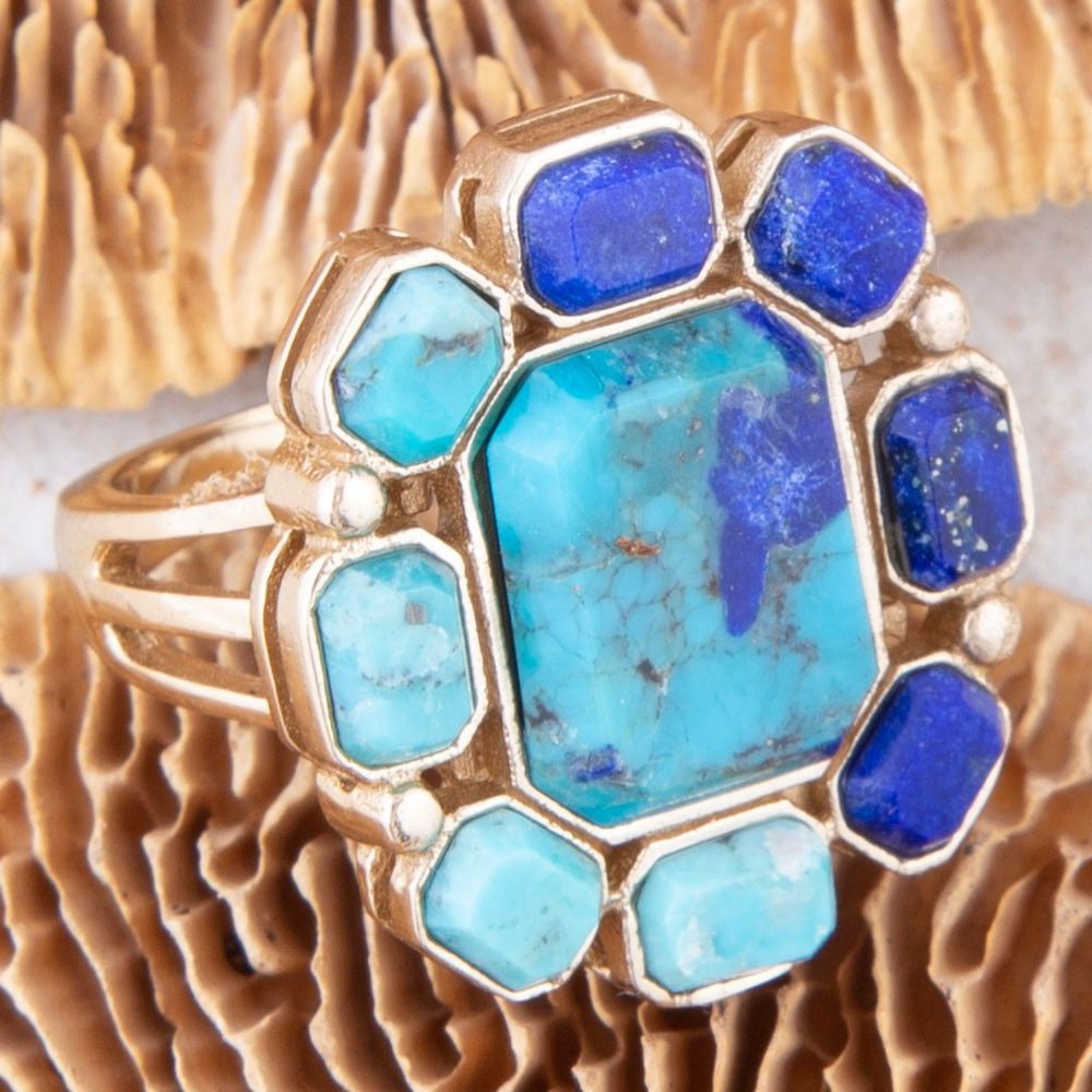 Duality Blue Lapis and Turquoise Golden Statement Ring