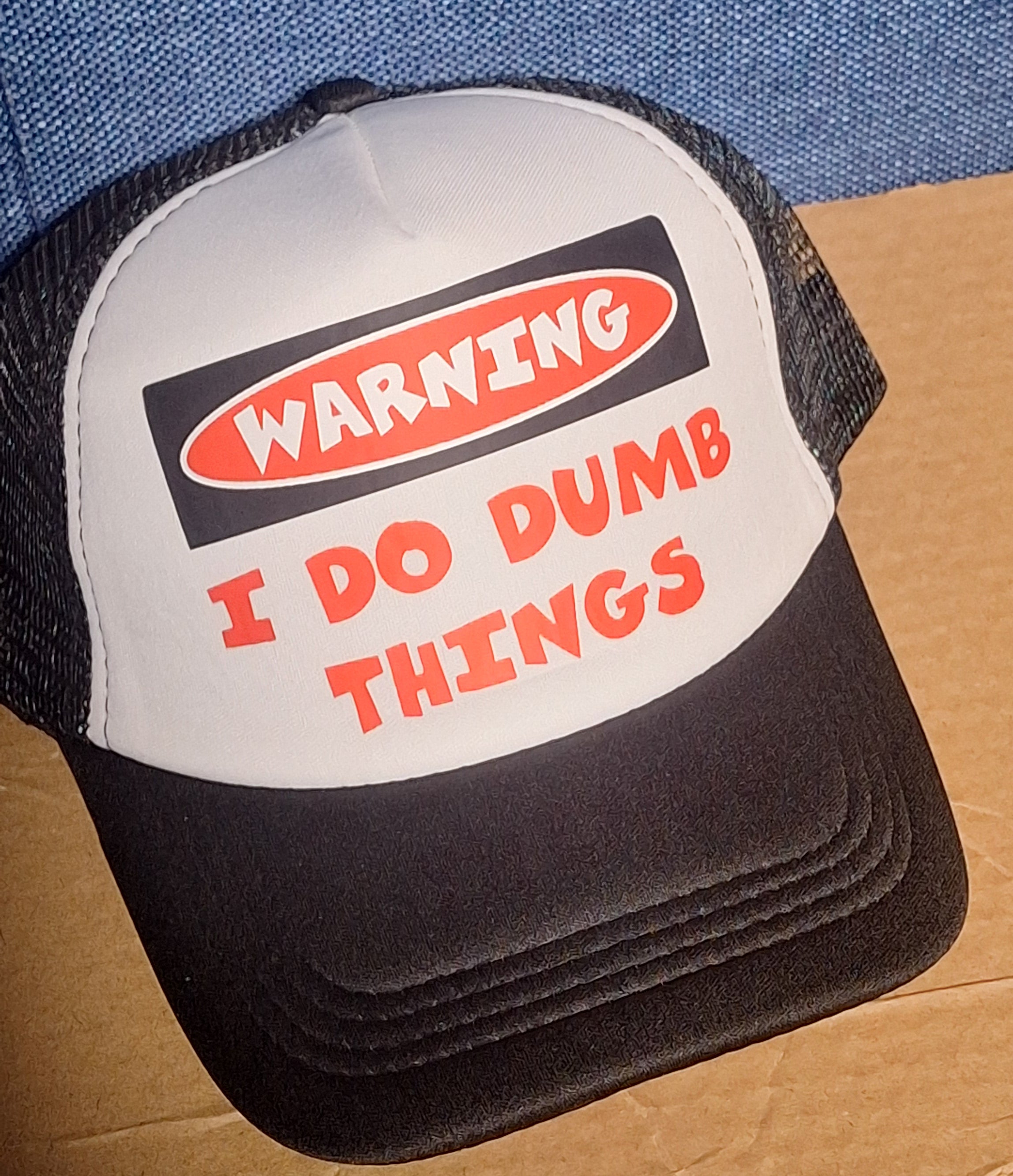 Adjustable Trucker Baseball Hat Cap with "WARNING I DO DUMB THINGS" Print