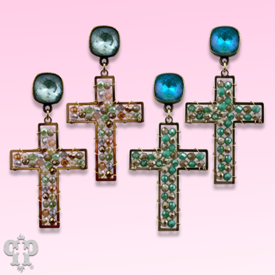 Faceted bead wrapped cross earring with crystals from Swarovski®