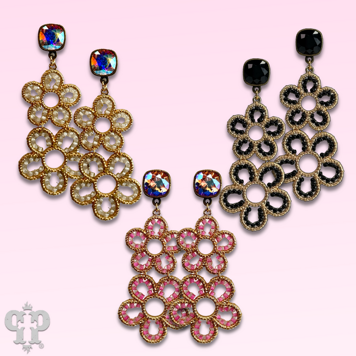 Double flower charm earring with crystals from Swarovski®