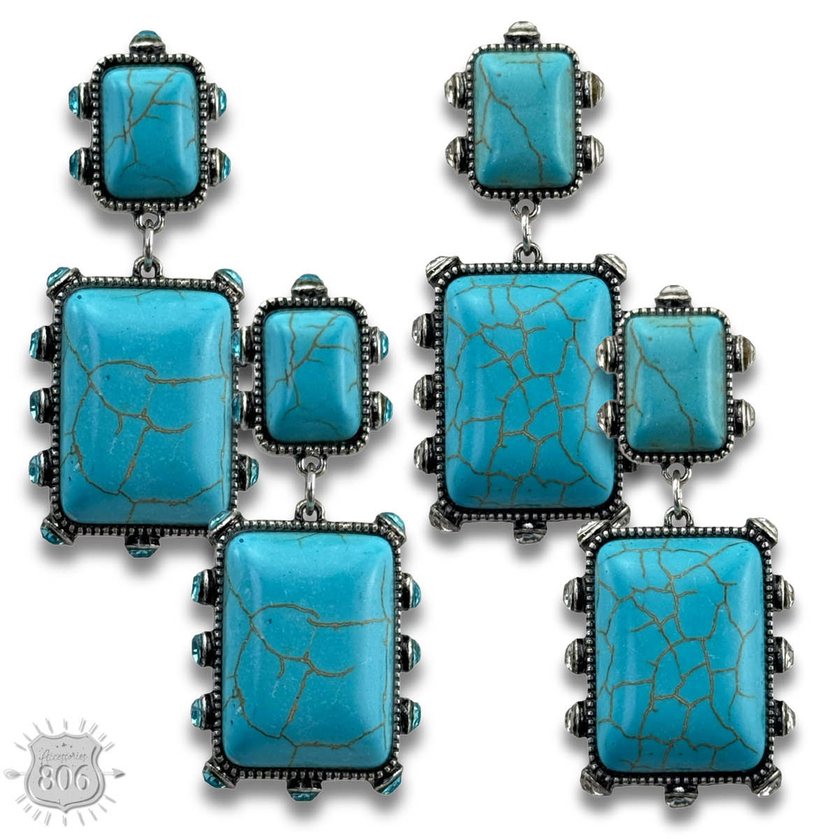 Turquoise and rhinestone double stone rectangle earring