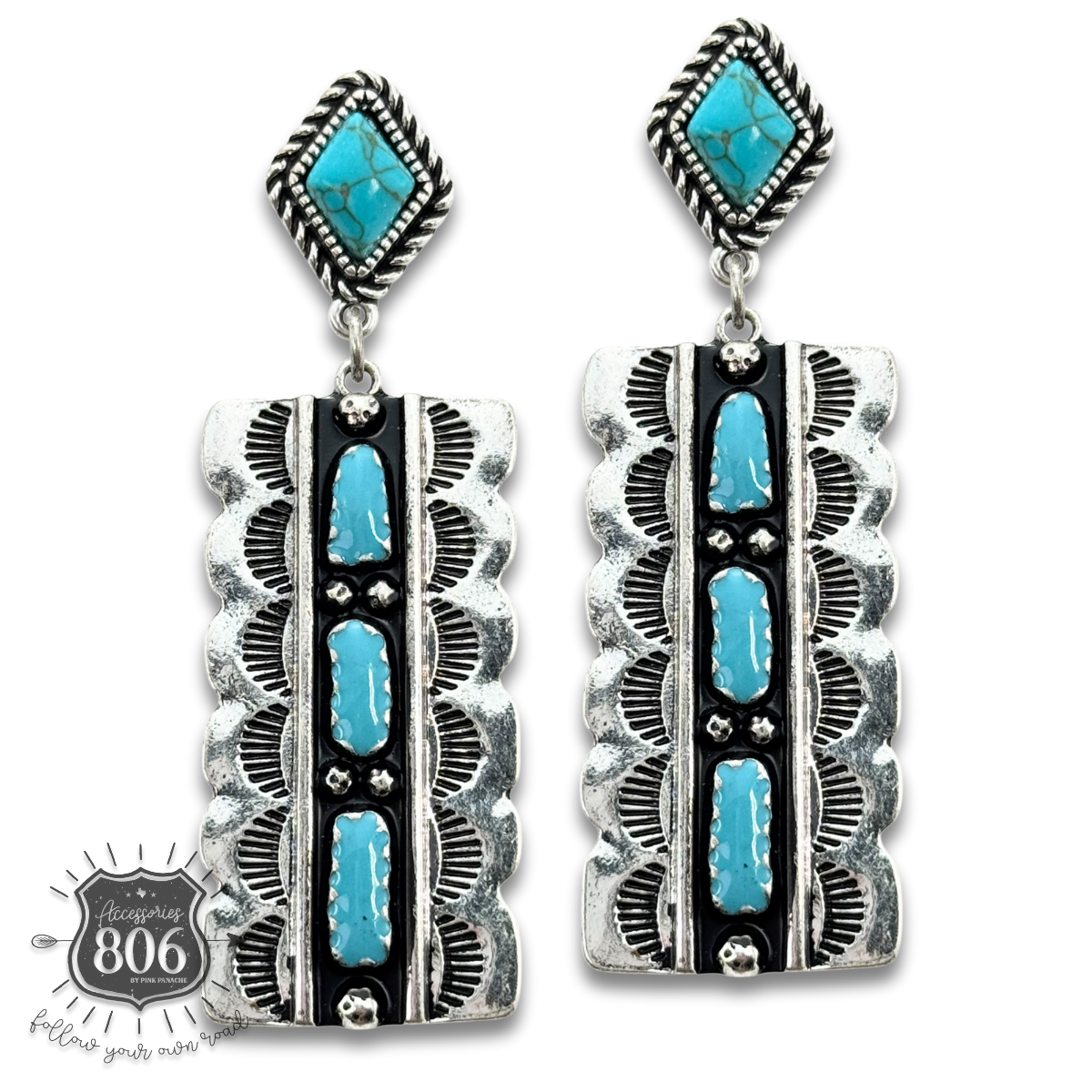 Southwest silver and turquoise rectangle earring