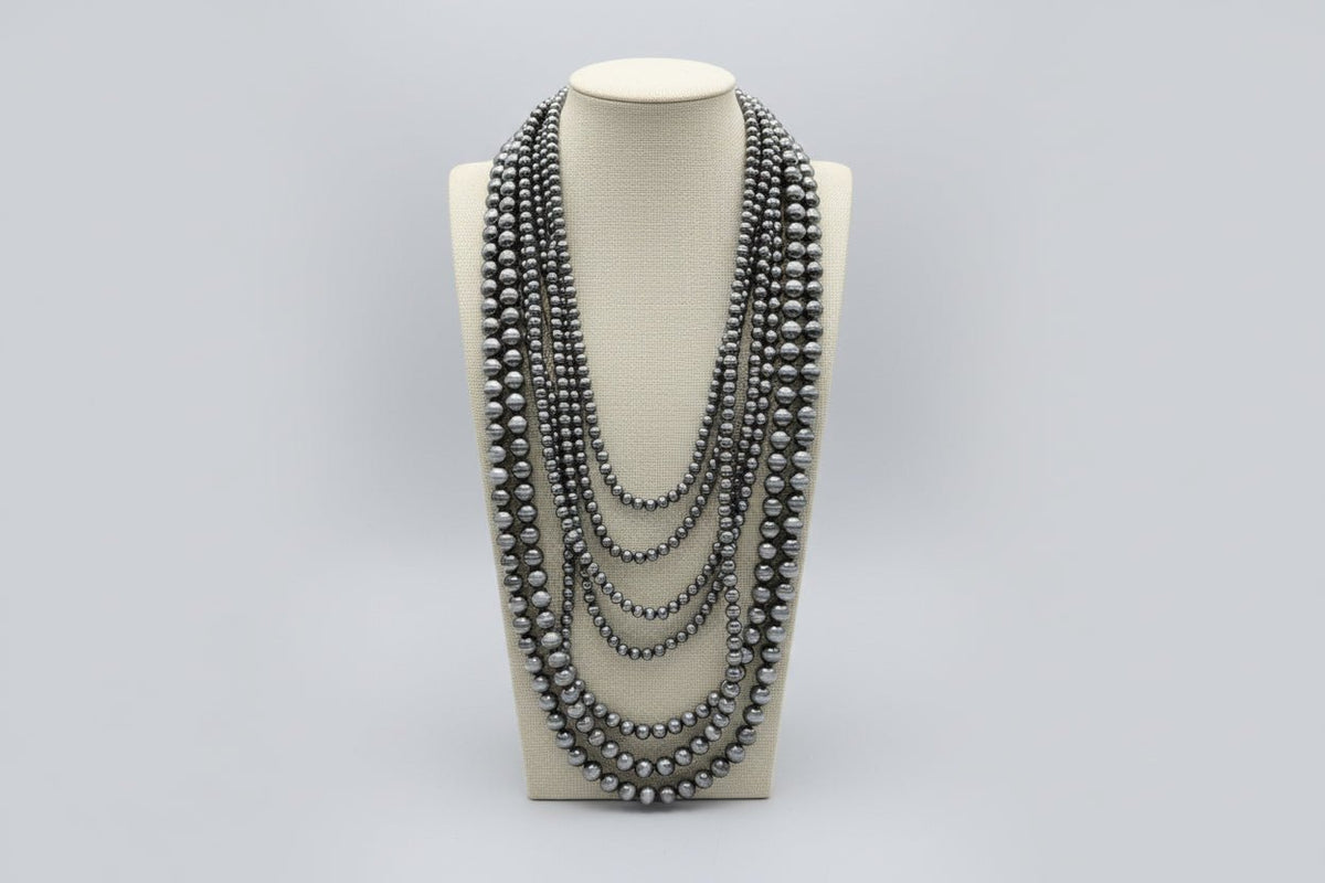 Eight Row Western Faux Sterling Pearl Statement Necklace — Single-Clasp Layered Set