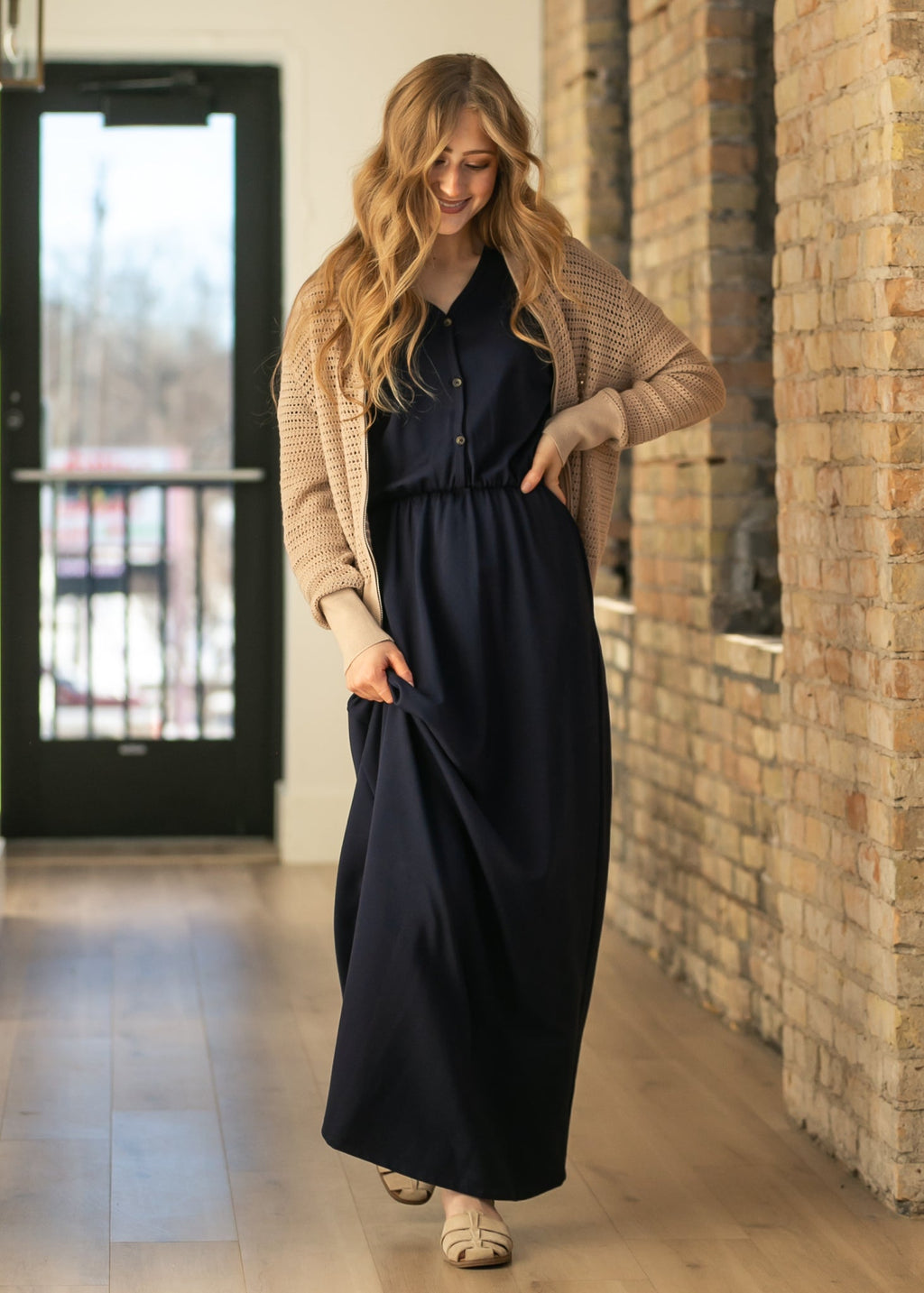 Ella Navy Cinched Waist Maxi Dress - Quarter Circle AK Boutique