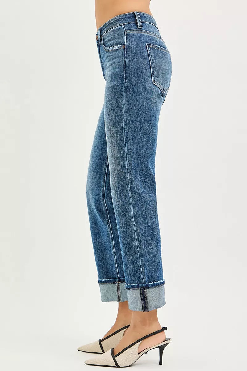 RISEN Full Size 4 Way Stretch Slouchy Straight Jeans with Cuffed Hem Plus Size