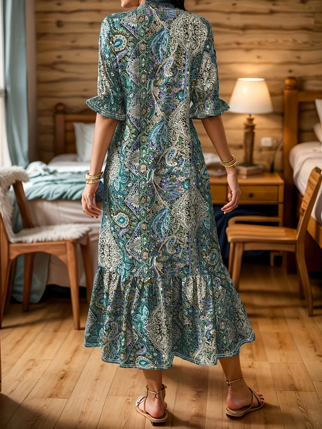 Full Size Bohemian Paisley Print Ruffle Hem Midi Dress Plus Size