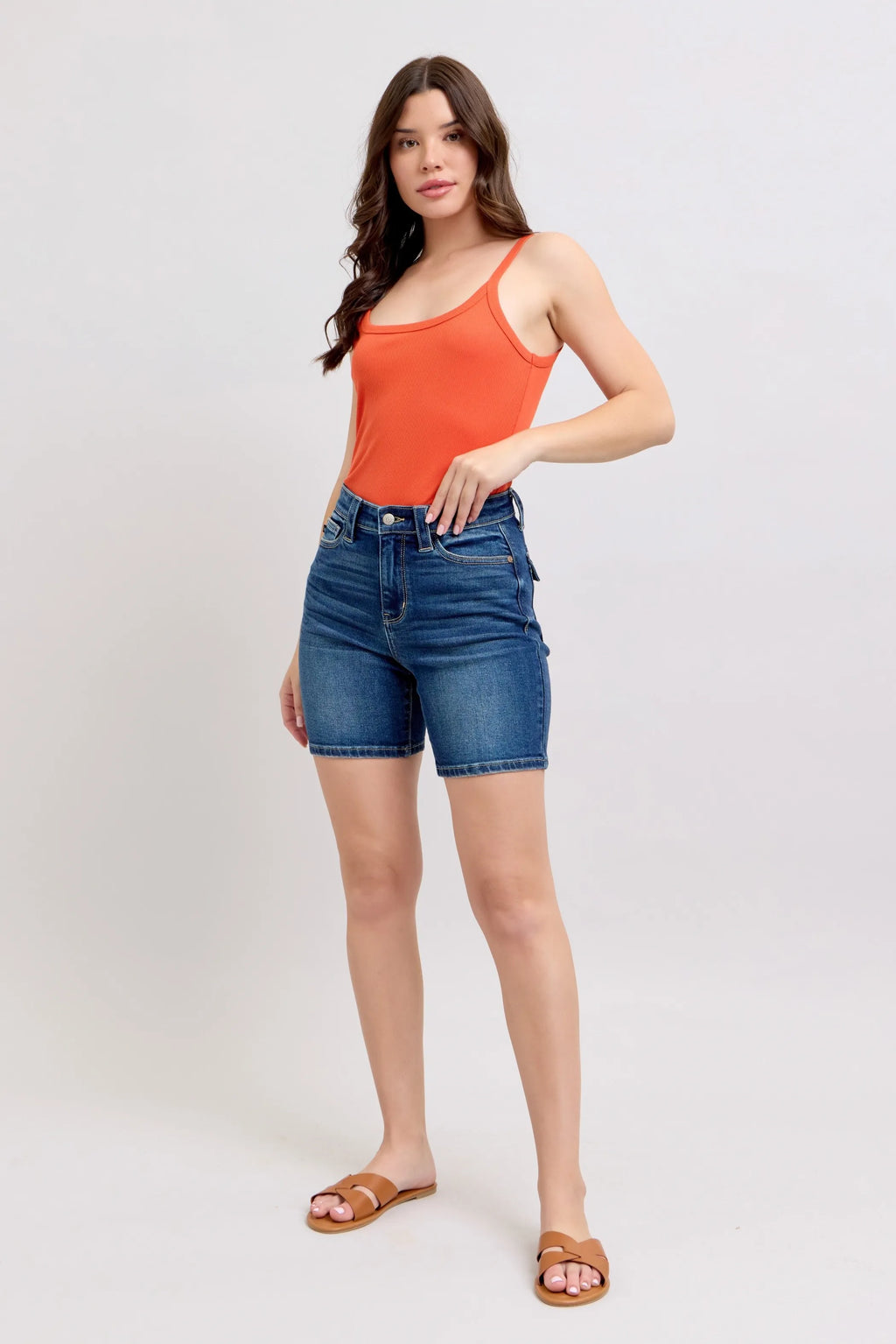 Full Size High Waist Bermudas Jeans W/ Back Flap Pockets Plus Size