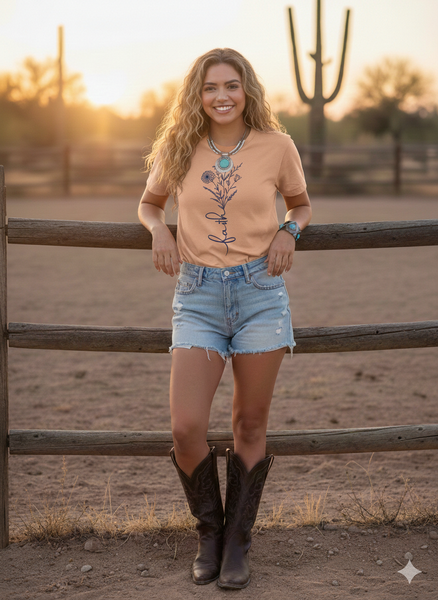 Faith Wildflower Graphic Tee | Soft Sunset Peach Floral T-Shirt | Christian Western Boutique Top | Minimalist Botanical Faith Shirt