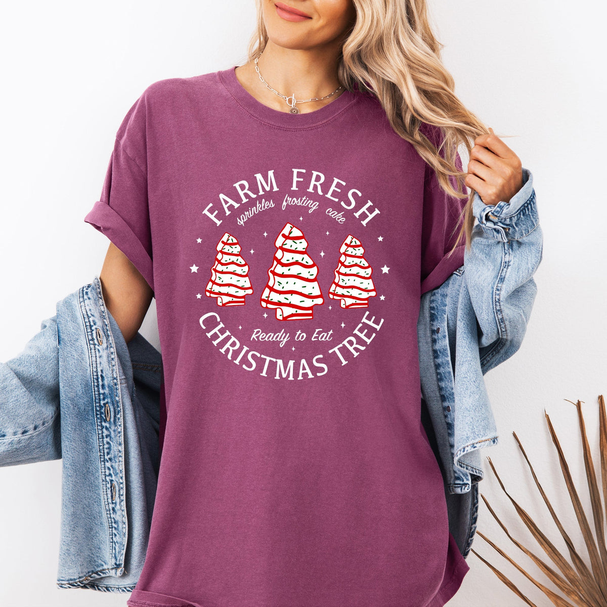 Farm Fresh Christmas Tree And Cake Winter Santa Xmas Scene With Festive Farmhouse Charm Comfort Colors Tee - Quarter Circle AK Boutique