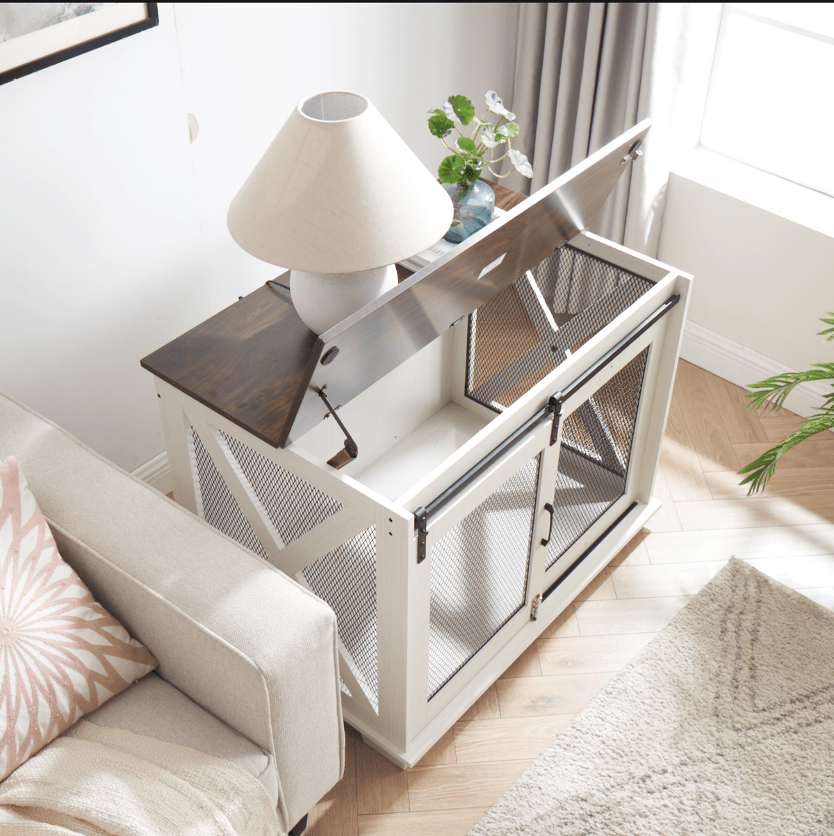 Farm kennel Flat noodles furniture with sliding barn door, farm wooden kennel end table, dog house with removable partition - Quarter Circle AK Boutique