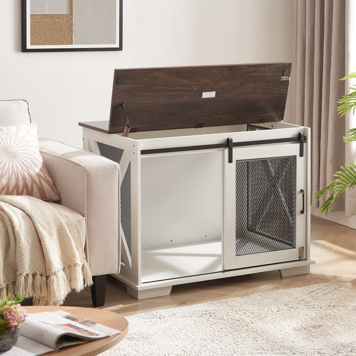 Farm kennel Flat noodles furniture with sliding barn door, farm wooden kennel end table, dog house with removable partition - Quarter Circle AK Boutique