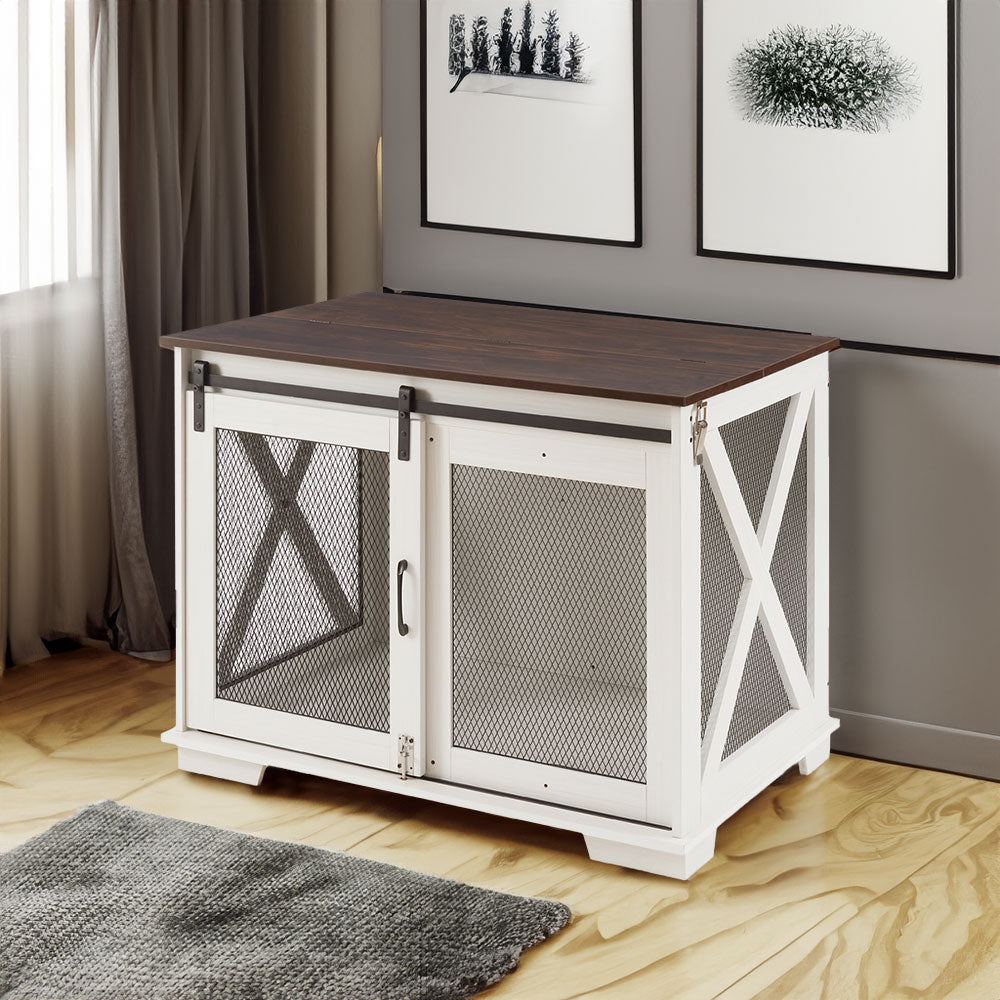 Farm kennel Flat noodles furniture with sliding barn door, farm wooden kennel end table, dog house with removable partition - Quarter Circle AK Boutique