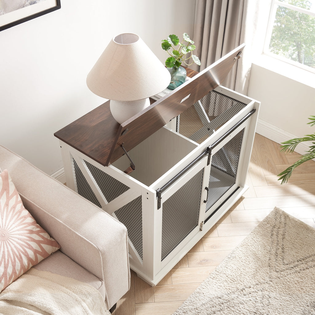 Farm kennel Flat noodles furniture with sliding barn door, farm wooden kennel end table, dog house with removable partition - Quarter Circle AK Boutique