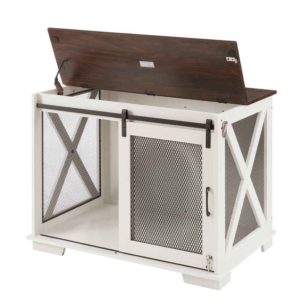 Farm kennel Flat noodles furniture with sliding barn door, farm wooden kennel end table, dog house with removable partition - Quarter Circle AK Boutique