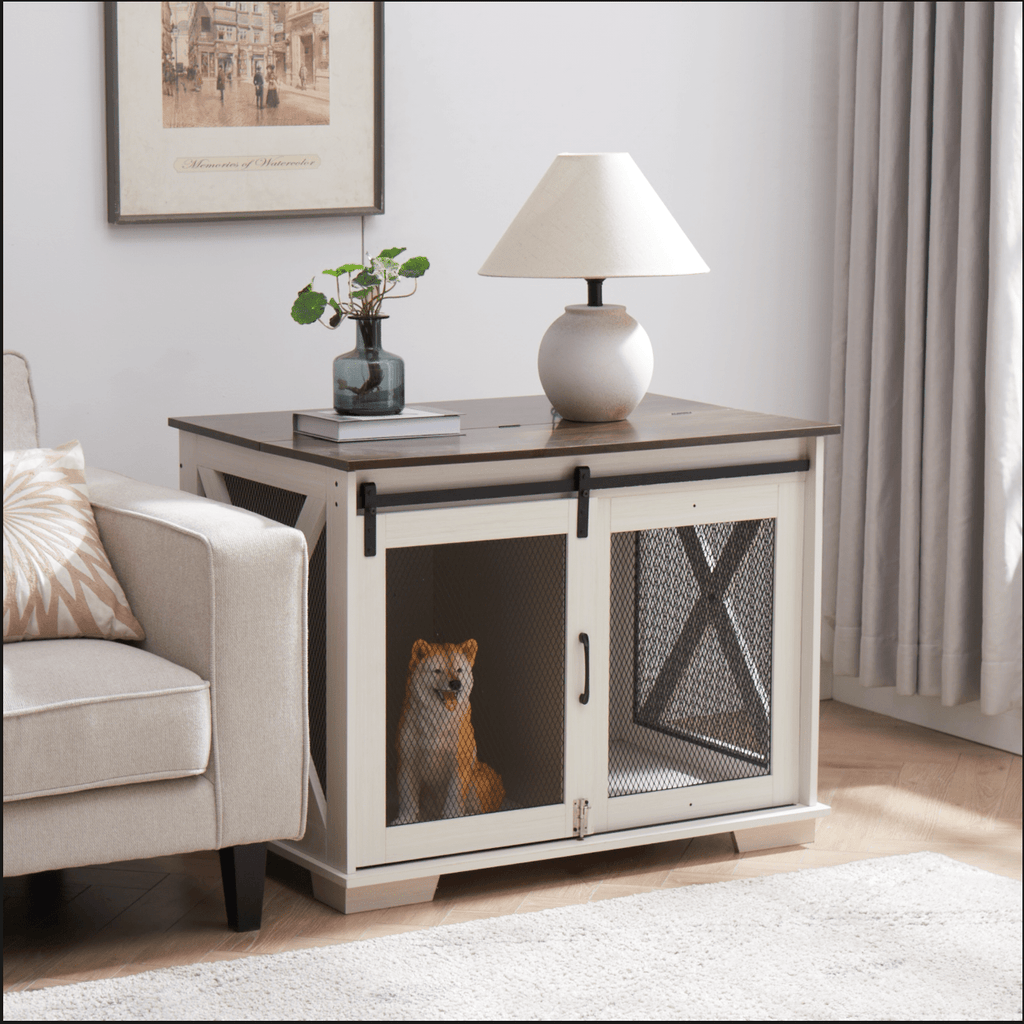 Farm kennel Flat noodles furniture with sliding barn door, farm wooden kennel end table, dog house with removable partition - Quarter Circle AK Boutique