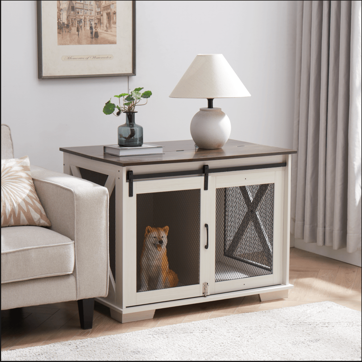Farm kennel Flat noodles furniture with sliding barn door, farm wooden kennel end table, dog house with removable partition - Quarter Circle AK Boutique
