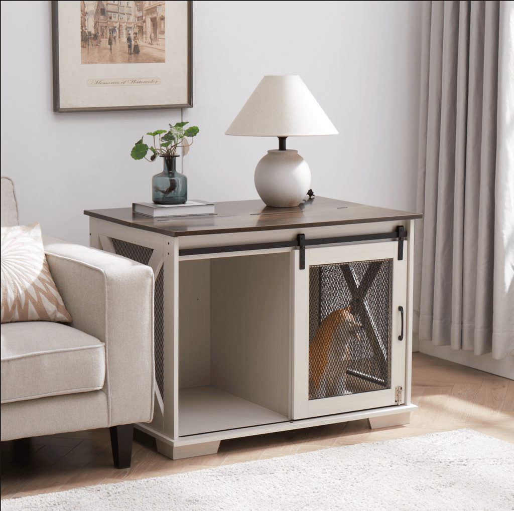 Farm kennel Flat noodles furniture with sliding barn door, farm wooden kennel end table, dog house with removable partition - Quarter Circle AK Boutique