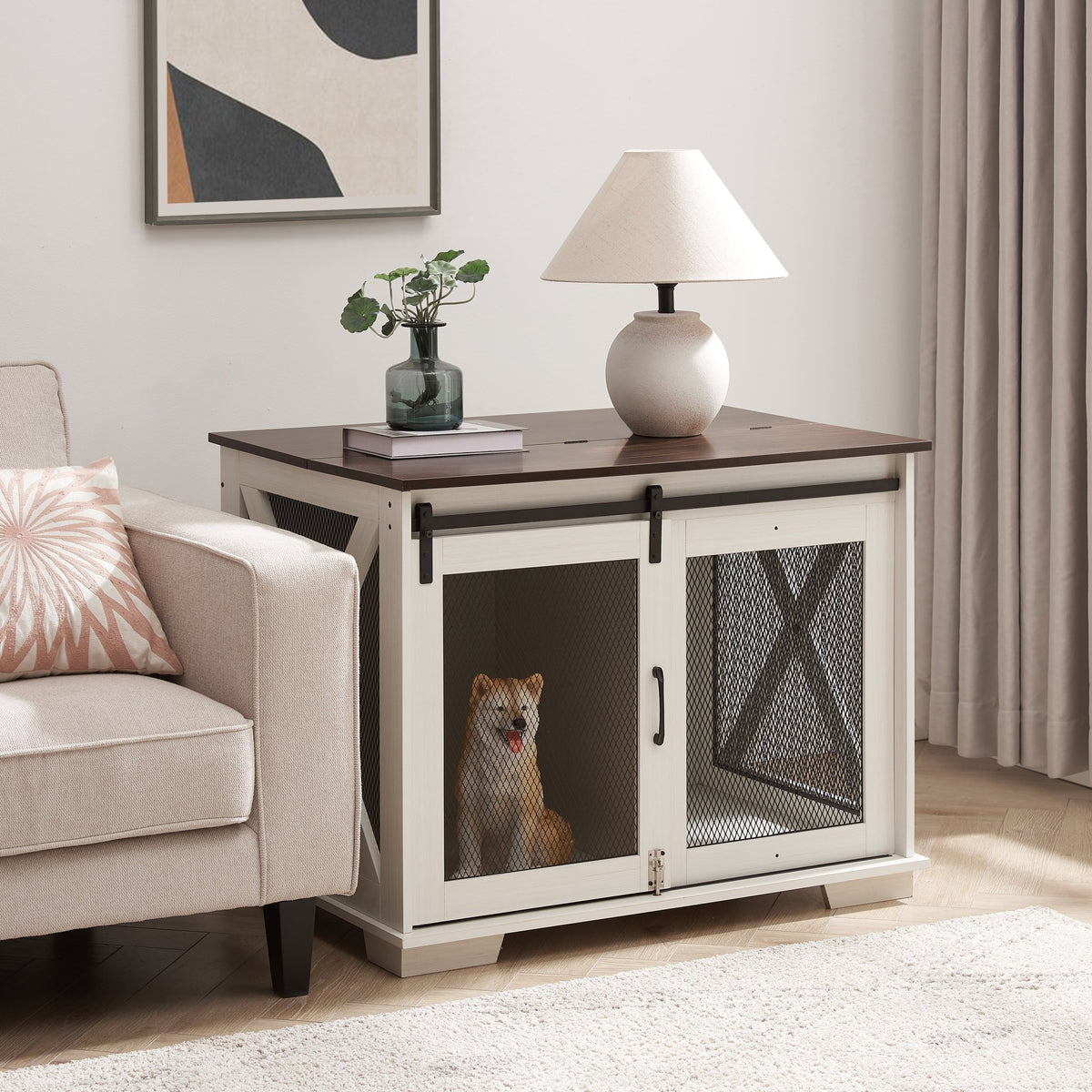 Farm kennel Flat noodles furniture with sliding barn door, farm wooden kennel end table, dog house with removable partition - Quarter Circle AK Boutique