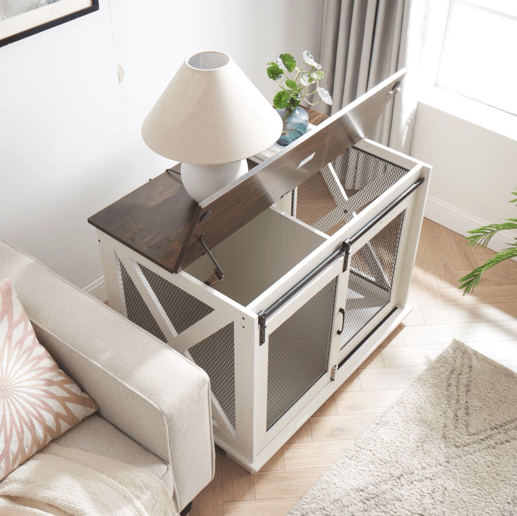 Farm kennel Flat noodles furniture with sliding barn door, farm wooden kennel end table, dog house with removable partition - Quarter Circle AK Boutique