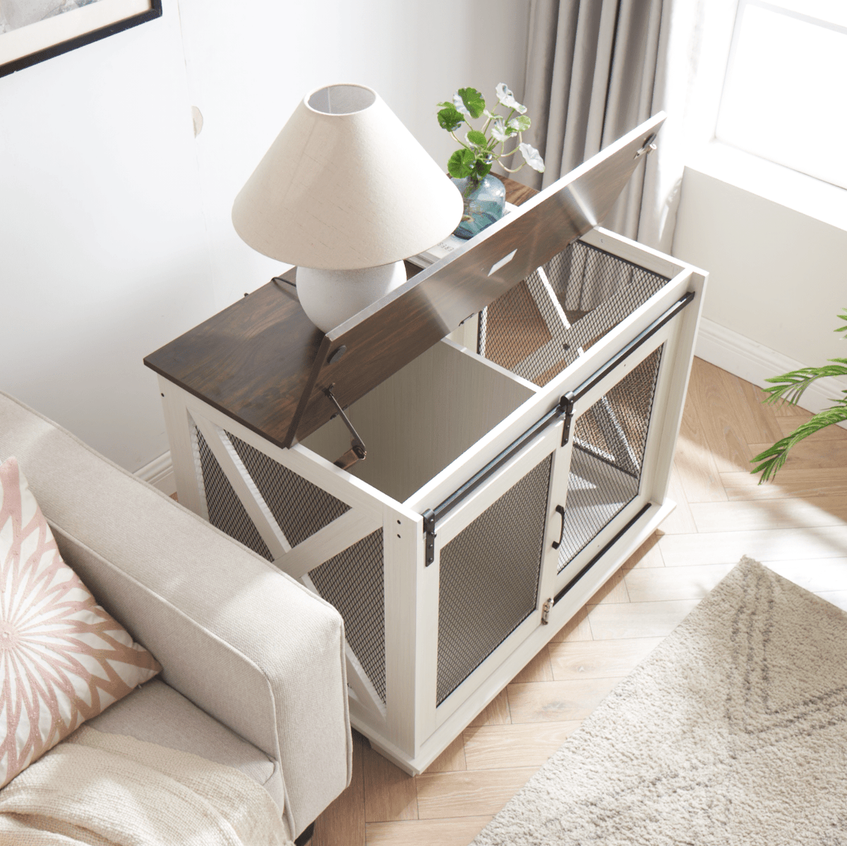 Farm kennel Flat noodles furniture with sliding barn door, farm wooden kennel end table, dog house with removable partition - Quarter Circle AK Boutique