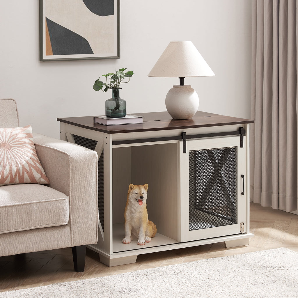 Farm kennel Flat noodles furniture with sliding barn door, farm wooden kennel end table, dog house with removable partition - Quarter Circle AK Boutique
