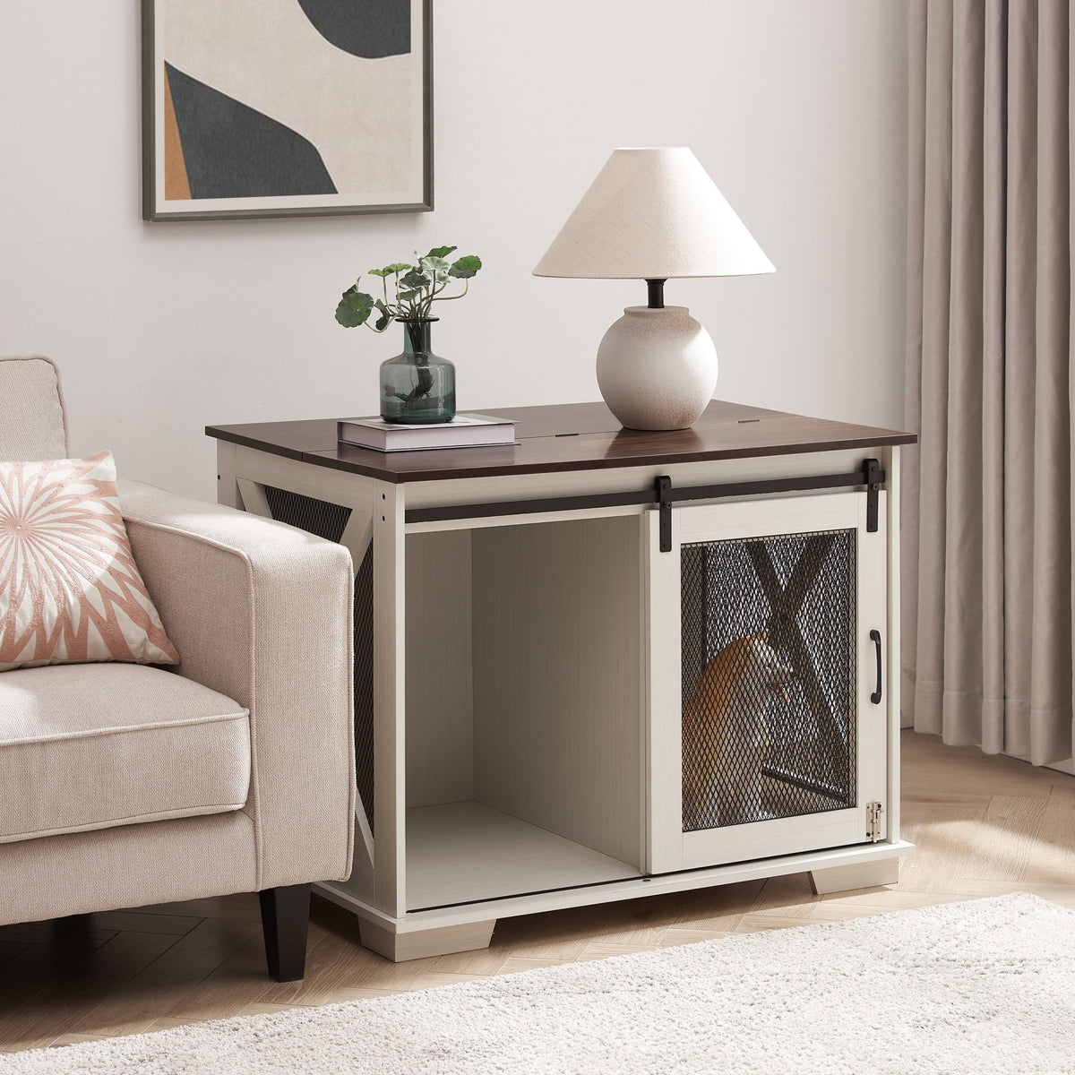 Farm kennel Flat noodles furniture with sliding barn door, farm wooden kennel end table, dog house with removable partition - Quarter Circle AK Boutique